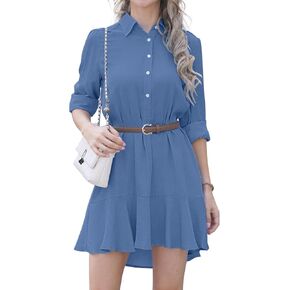 Womens Dresses Collared Tunic Shirt Dress Long Sleeve Button Up Short Dress Ruffle Hem Shift Dresses