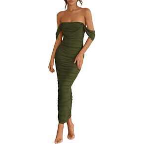 PRETTYGARDEN Womens Summer Off The Shoulder Dress Ruched Bodycon Sleeveless Split Cocktail Party Maxi Dresses