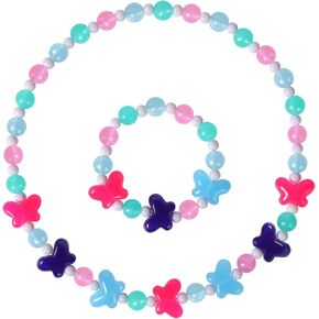 Girls Jewelry Set - Cute Butterfly Beads Necklace Bracelet-Toddler Girls Butterfly Jewelry - Stretchy Chunky Costume Jewelry Present Toy-Style 1
