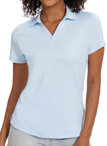 قمصان بولو جولف نسائية بأكمام قصيرة سريعة الجفاف بعامل حماية من أشعة الشمس 50+، قميص تنس برقبة على شكل حرف V in Kuwait