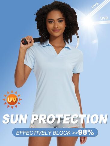 قمصان بولو جولف نسائية بأكمام قصيرة سريعة الجفاف بعامل حماية من أشعة الشمس 50+، قميص تنس برقبة على شكل حرف V in Kuwait