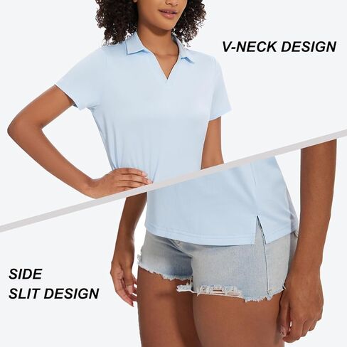قمصان بولو جولف نسائية بأكمام قصيرة سريعة الجفاف بعامل حماية من أشعة الشمس 50+، قميص تنس برقبة على شكل حرف V in Kuwait