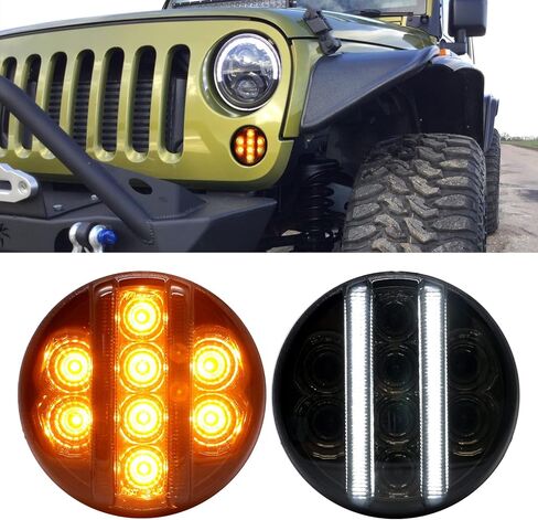 for JK Front Turn Signal LED Lights Running Lamps Compatible with Wrangler JK JKU 2007-2018,White Vertical LED Bar as Daytime Running Lights,Amber Yellow LED as Turn Signal(Smoked Lens) in Kuwait