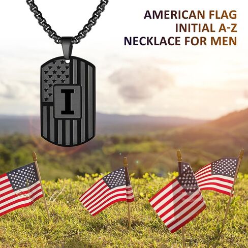 Initial A-Z Necklace for Men American Flag Dog Tag A-Z Pendant Stainless Steel Chain 22+2 Inches Personalized Patriotic Jewelry for Men in Kuwait
