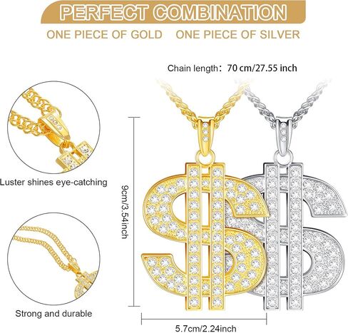 Tatuo 2 Pcs Dollar Sign Chain Gold Plated Hip Hop Necklaces Trendy Men in Kuwait