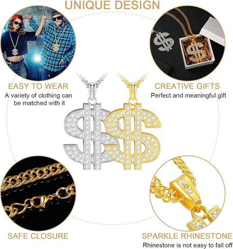 Tatuo 2 Pcs Dollar Sign Chain Gold Plated Hip Hop Necklaces Trendy Men in Kuwait