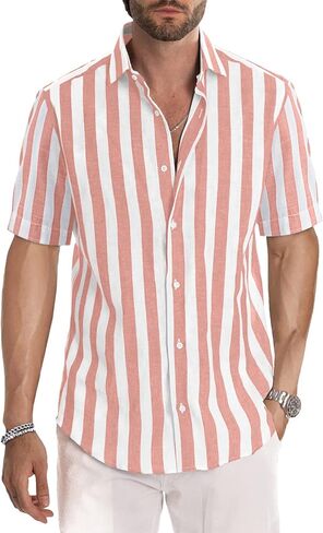 JMIERR Men's Casual Stylish Short Sleeve Button-Up Striped Dress Shirts Cotton Beach Shirt in Saudi Arabia
