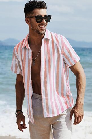 JMIERR Men's Casual Stylish Short Sleeve Button-Up Striped Dress Shirts Cotton Beach Shirt in Saudi Arabia