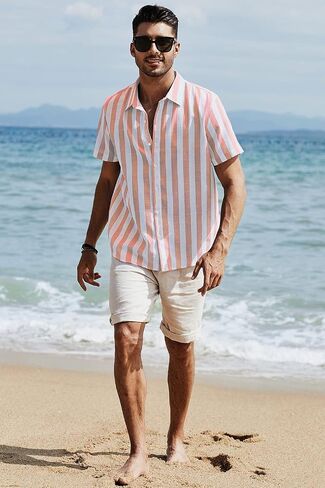 JMIERR Men's Casual Stylish Short Sleeve Button-Up Striped Dress Shirts Cotton Beach Shirt in Saudi Arabia