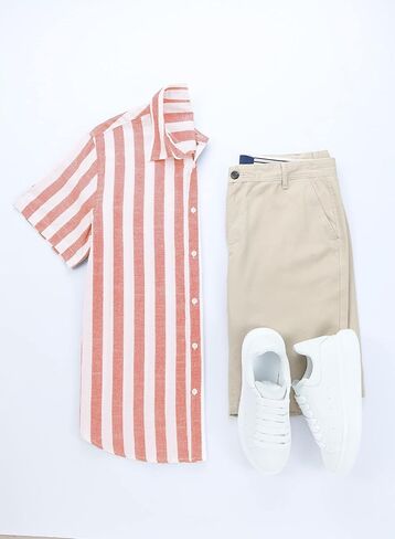 JMIERR Men's Casual Stylish Short Sleeve Button-Up Striped Dress Shirts Cotton Beach Shirt in Saudi Arabia