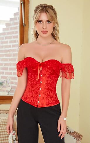 Moessa Women Floral Lace Off Shoulder Corset Bustier Boned Overbust Corset Bodyshaper Lingerie Top in Kuwait