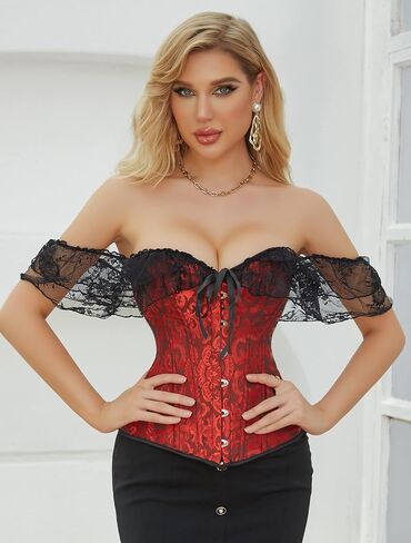 Moessa Women Floral Lace Off Shoulder Corset Bustier Boned Overbust Corset Bodyshaper Lingerie Top in Kuwait