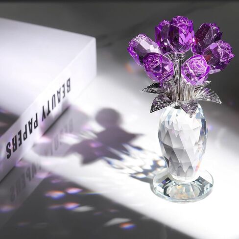 Movdyka Crystal Purple Rose Flower Figurine, Glass Roses Flower Bouquet Ornament Home Decor, Mother's Day Valentine's Christmas Wedding Romantic Gifts for Women Mom Wife Girlfriend in Kuwait