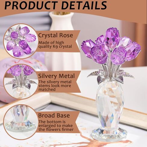 Movdyka Crystal Purple Rose Flower Figurine, Glass Roses Flower Bouquet Ornament Home Decor, Mother's Day Valentine's Christmas Wedding Romantic Gifts for Women Mom Wife Girlfriend in Kuwait