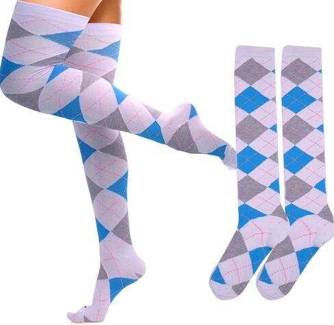 جوارب woosnscly للسيدات والفتيات الفخذ العليا جوارب Argyle متقلب جديدة فوق الركبة جوارب ملونة عصرية مجنونة جوارب طويلة جوارب طويلة 1 حزمة in Saudi Arabia