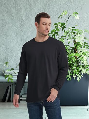 TACVASEN قمصان طويلة الأكمام للرجال القطن الكلاسيكية طاقم الرقبة الرطوبة فتل رجل قميص الراحة الصلبة تي شيرت in Saudi Arabia