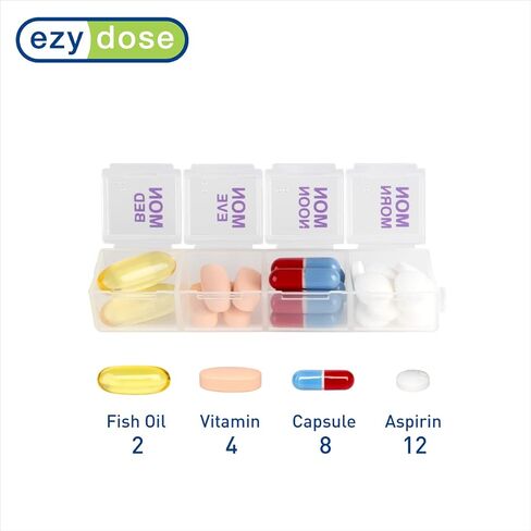 EZY DOSE Weekly (7-Day) Pill Case, Medicine Planner, Vitamin Organizer Box, 4 Times a Day, Small Removable Compartments, Covenient and Easy to Use, Color May Vary, Clear Lids, BPA Free in Kuwait