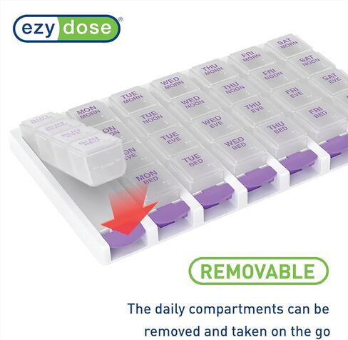 EZY DOSE Weekly (7-Day) Pill Case, Medicine Planner, Vitamin Organizer Box, 4 Times a Day, Small Removable Compartments, Covenient and Easy to Use, Color May Vary, Clear Lids, BPA Free in Kuwait