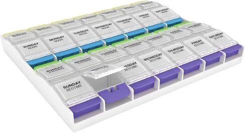 EZY DOSE Weekly (7-Day) Pill Case, Medicine Planner, Vitamin Organizer Box, 4 Times a Day, Small Removable Compartments, Covenient and Easy to Use, Color May Vary, Clear Lids, BPA Free in Kuwait