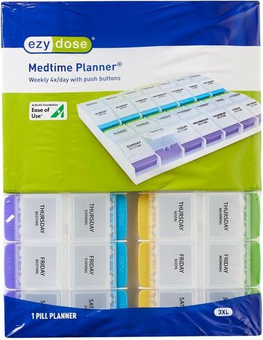 EZY DOSE Weekly (7-Day) Pill Case, Medicine Planner, Vitamin Organizer Box, 4 Times a Day, Small Removable Compartments, Covenient and Easy to Use, Color May Vary, Clear Lids, BPA Free in Kuwait
