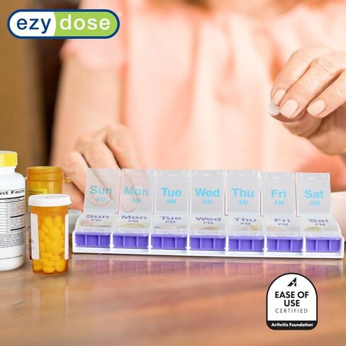 EZY DOSE Weekly (7-Day) Pill Case, Medicine Planner, Vitamin Organizer Box, 4 Times a Day, Small Removable Compartments, Covenient and Easy to Use, Color May Vary, Clear Lids, BPA Free in Kuwait