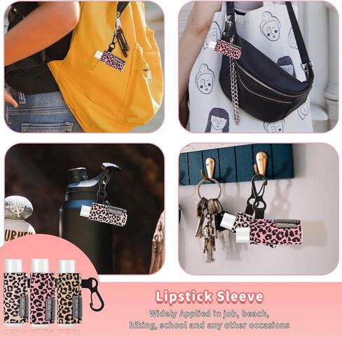 Lip Balm Holder Keychain, 3Pack Chapstick Keychain with Clip On for Backpacks, Sports bottles, Tight-Knit Elastic Lipstick Sleeve Holder Gifts for Friends Women Girls (Leopard Print) in Kuwait