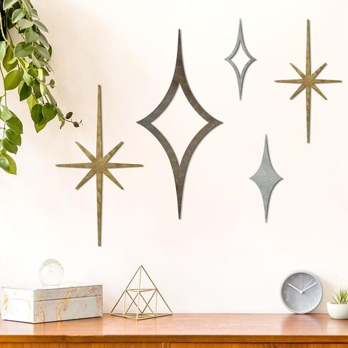 Yaocom 5 Pieces Midcentury Modern Vintage Style Starburst Metal Wall Decor Mid Century Modern Elegance Wall Accents Diamond Star Bursts Wall Decor Vintage Style Home Decoration (Gold) in Saudi Arabia