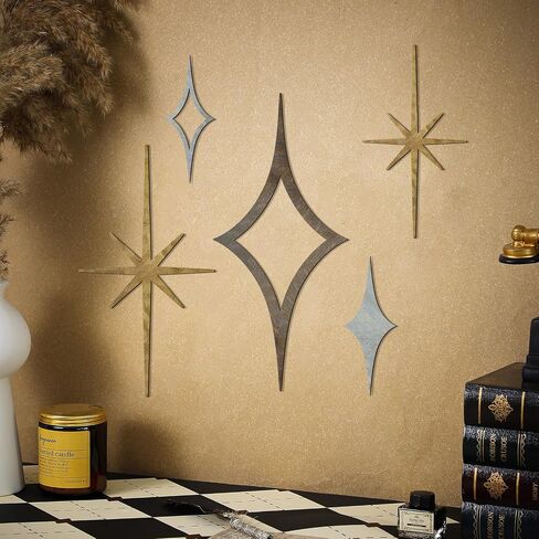 Yaocom 5 Pieces Midcentury Modern Vintage Style Starburst Metal Wall Decor Mid Century Modern Elegance Wall Accents Diamond Star Bursts Wall Decor Vintage Style Home Decoration (Gold) in Saudi Arabia