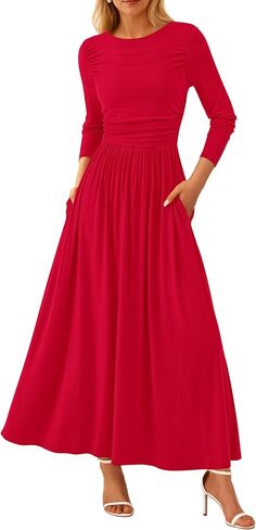 PRETTYGARDEN Women's Spring Casual Long Sleeve Maxi Dresses Crewneck Ruched A Line Flowy Elegant Modest Going Out Dress in Saudi Arabia