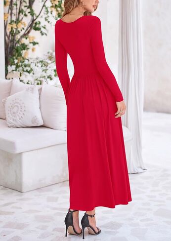 PRETTYGARDEN Women's Spring Casual Long Sleeve Maxi Dresses Crewneck Ruched A Line Flowy Elegant Modest Going Out Dress in Saudi Arabia