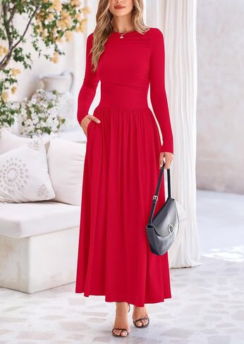 PRETTYGARDEN Women's Spring Casual Long Sleeve Maxi Dresses Crewneck Ruched A Line Flowy Elegant Modest Going Out Dress in Saudi Arabia