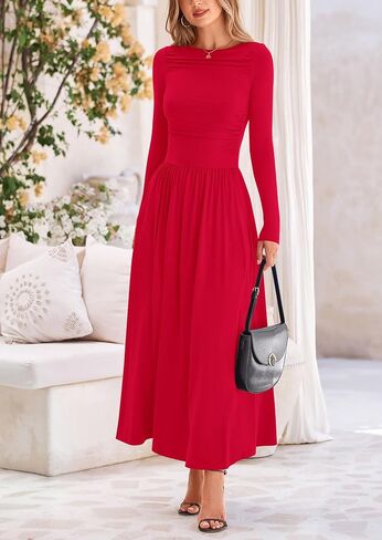 PRETTYGARDEN Women's Spring Casual Long Sleeve Maxi Dresses Crewneck Ruched A Line Flowy Elegant Modest Going Out Dress in Saudi Arabia