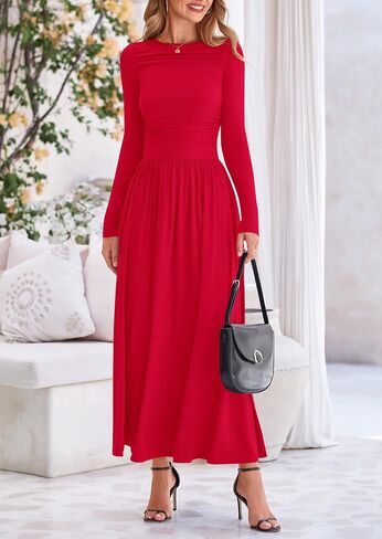 PRETTYGARDEN Women's Spring Casual Long Sleeve Maxi Dresses Crewneck Ruched A Line Flowy Elegant Modest Going Out Dress in Saudi Arabia