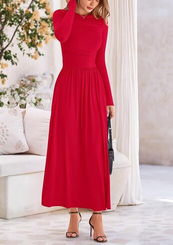 PRETTYGARDEN Women's Spring Casual Long Sleeve Maxi Dresses Crewneck Ruched A Line Flowy Elegant Modest Going Out Dress in Saudi Arabia