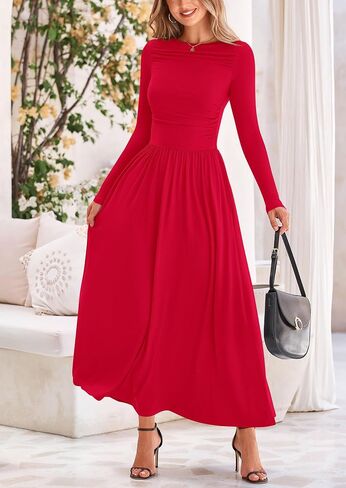 PRETTYGARDEN Women's Spring Casual Long Sleeve Maxi Dresses Crewneck Ruched A Line Flowy Elegant Modest Going Out Dress in Saudi Arabia