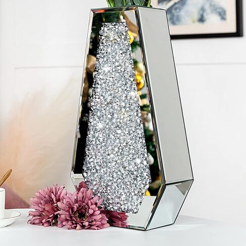 Crushed Diamond Mirrored Flower Vase Large Glass Vase Modern Crystal Decorative Mirror Vases Stunning Luxury Tall Floor Vase for Centerpieces Flowers Home Decor, Silver, 14" H. Can’t Hold Water. in Kuwait
