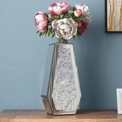 Crushed Diamond Mirrored Flower Vase Large Glass Vase Modern Crystal Decorative Mirror Vases Stunning Luxury Tall Floor Vase for Centerpieces Flowers Home Decor, Silver, 14" H. Can’t Hold Water. in Kuwait