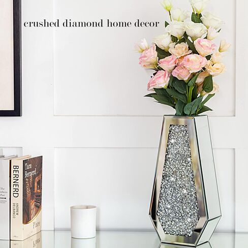 Crushed Diamond Mirrored Flower Vase Large Glass Vase Modern Crystal Decorative Mirror Vases Stunning Luxury Tall Floor Vase for Centerpieces Flowers Home Decor, Silver, 14" H. Can’t Hold Water. in Kuwait