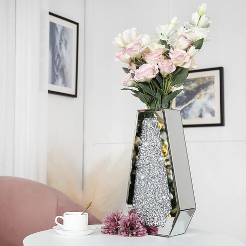 Crushed Diamond Mirrored Flower Vase Large Glass Vase Modern Crystal Decorative Mirror Vases Stunning Luxury Tall Floor Vase for Centerpieces Flowers Home Decor, Silver, 14" H. Can’t Hold Water. in Kuwait