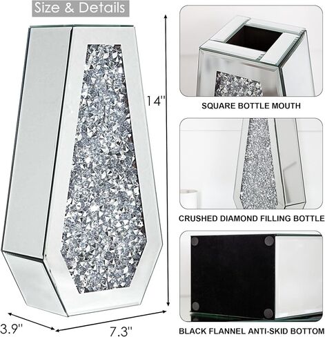 Crushed Diamond Mirrored Flower Vase Large Glass Vase Modern Crystal Decorative Mirror Vases Stunning Luxury Tall Floor Vase for Centerpieces Flowers Home Decor, Silver, 14" H. Can’t Hold Water. in Kuwait