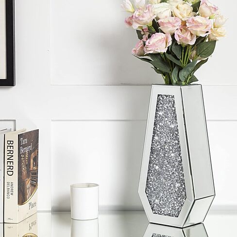 Crushed Diamond Mirrored Flower Vase Large Glass Vase Modern Crystal Decorative Mirror Vases Stunning Luxury Tall Floor Vase for Centerpieces Flowers Home Decor, Silver, 14" H. Can’t Hold Water. in Kuwait