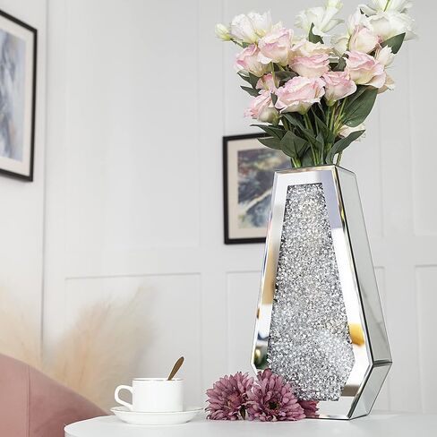 Crushed Diamond Mirrored Flower Vase Large Glass Vase Modern Crystal Decorative Mirror Vases Stunning Luxury Tall Floor Vase for Centerpieces Flowers Home Decor, Silver, 14" H. Can’t Hold Water. in Kuwait