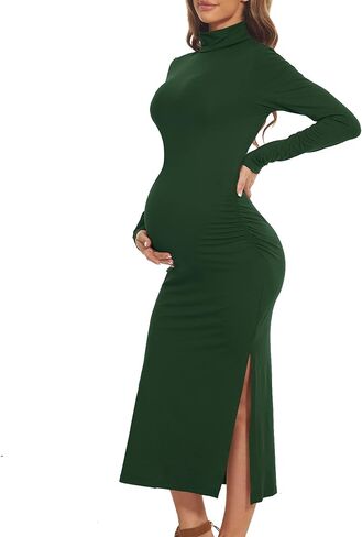 فستان حمل بياقة مدورة وأكمام طويلة لالتقاط الصور غير الرسمية لحفلات استقبال المولود الجديد، ملابس حمل ضيقة مكشكشة في الشتاء باللون الأخضر in Kuwait