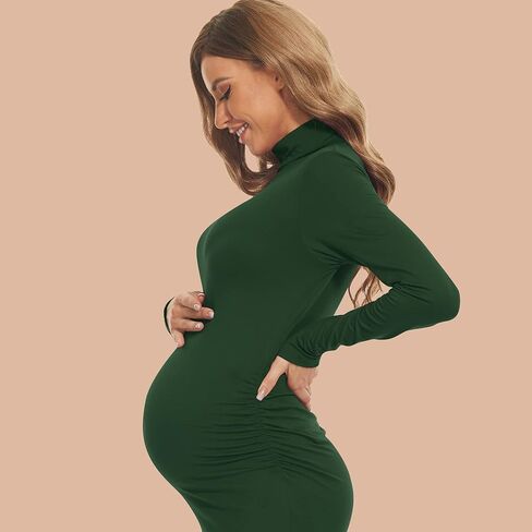 فستان حمل بياقة مدورة وأكمام طويلة لالتقاط الصور غير الرسمية لحفلات استقبال المولود الجديد، ملابس حمل ضيقة مكشكشة في الشتاء باللون الأخضر in Kuwait