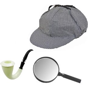 Classic Detective Houndstooth Deerstalker Sleuth Costume Hat With Costume Pipe & Magnifying Glass