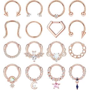 Besteel 16 Pcs Gold Septum Rings 16G Surgical Steel Nose Rings Hoops Small CZ Dangle Horseshoe Septum Clicker Piercing Jewelry Cute Lip Helix Daith Tragus Cartilage Earrings for Women Men 10MM