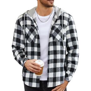 COOFANDY Men's Flannel Hoodie Plaid Shirt Long Sleeve Button Down Casual Shirt Jacket Lightweight Fall Shacket