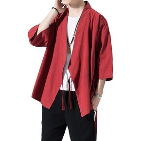 PRIJOUHE Men's Kimono Jackets Cardigan Lightweight Casual Cotton Blends Linen Seven Sleeves Open Front Coat Outwear