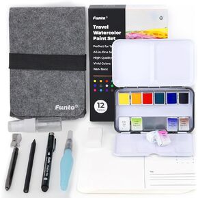 Funto Travel Watercolor Set, 12-Color Paint, 10 Premium Watercolor Postcards, Travel Watercolor Brush, Water Brush Pen, Fineliner, Pencil, Painting Set for Adults, Beginners, and Professional Artists