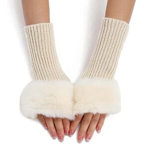 2 Pairs Furry Gloves Fingerless Thumb Hole Gloves Knit Arm Warmers Wrist Mittens for Women Writing Texting Driving
